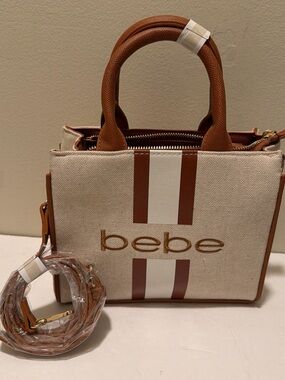 NWT Bebe Cream & Tan Canvas Satchel with Striped Detail